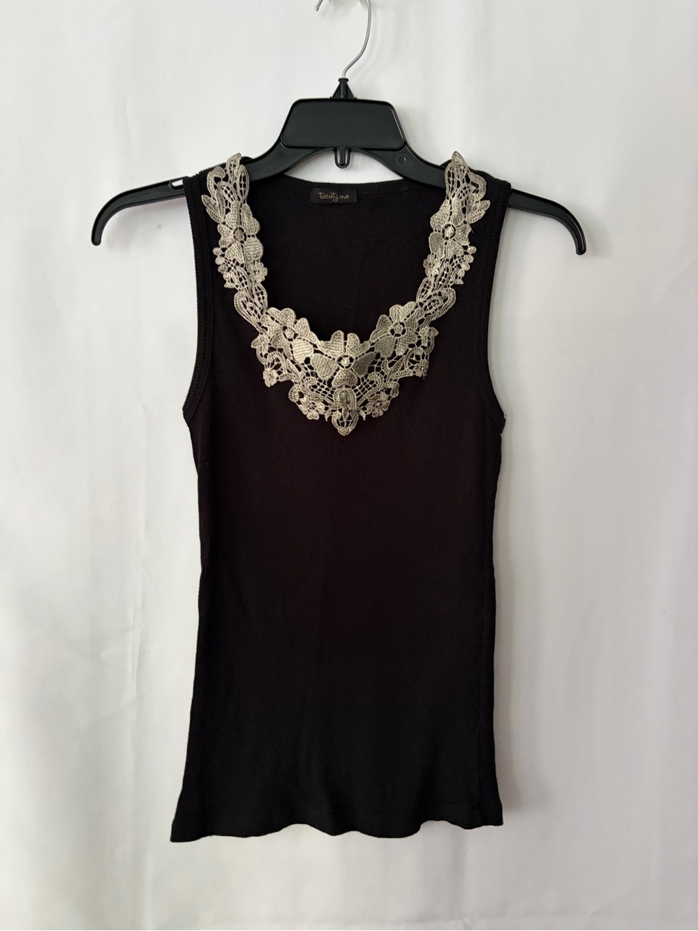 Vinatge Black Sleeveless Tank with Lace V-Neck Trim
